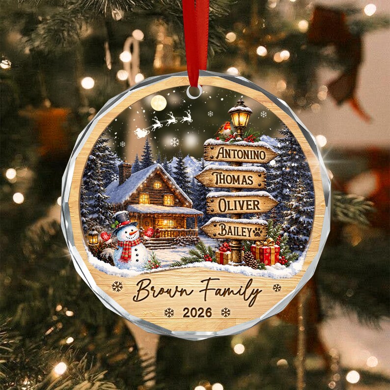 Family & Pet Name Signpost Glass Ornament
