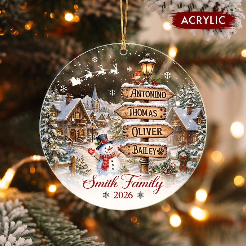Snowy Village Family Signpost Glass Ornament