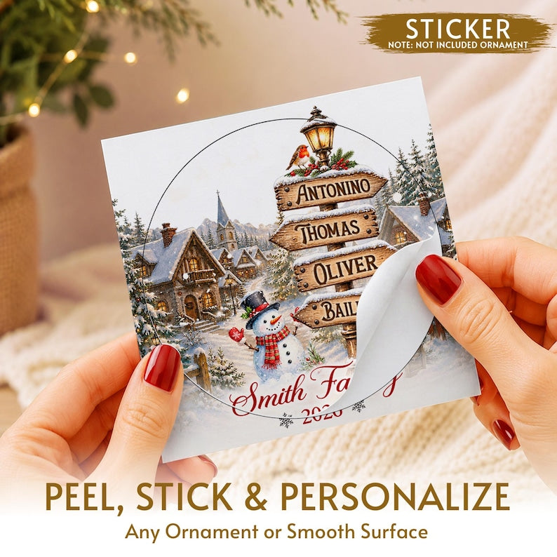Snowy Village Family Signpost Glass Ornament