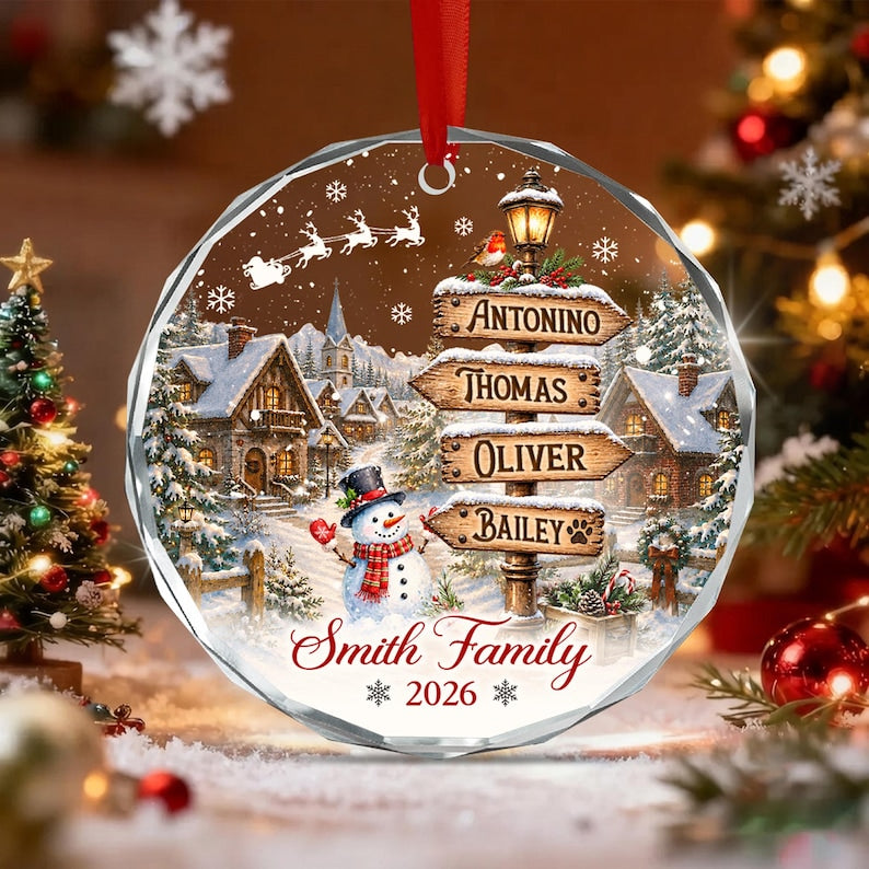 Snowy Village Family Signpost Glass Ornament
