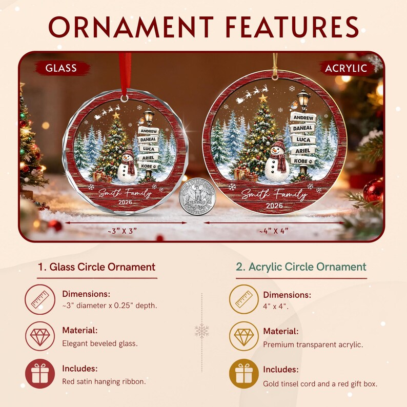 Two round Christmas ornaments, one glass and one acrylic, featuring a winter scene with a snowman, a decorated tree, and a signpost with the names Andrew, Daneal, Luca, Ariel, and Kobe. The text Smith Family 2026 is printed below.