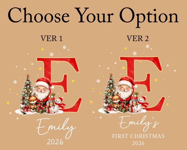 A graphic design featuring a large red letter E, a smiling Santa Claus, a reindeer, a Christmas tree, and wrapped gifts.