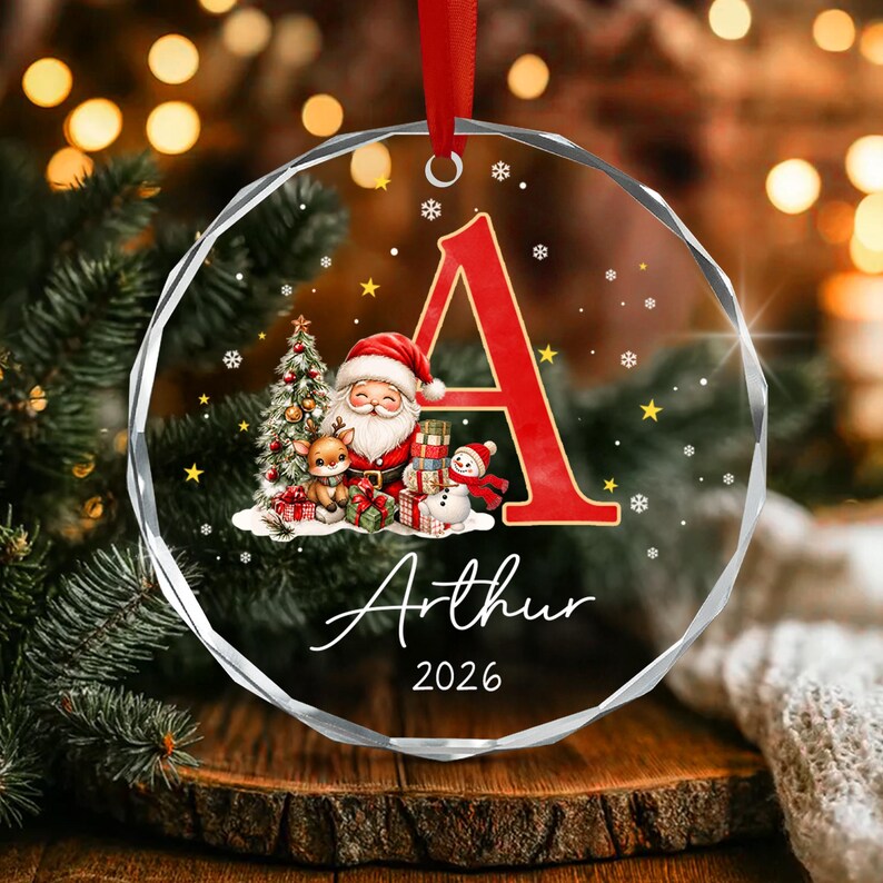 Santa Snowman Initial Kid Name Ornament