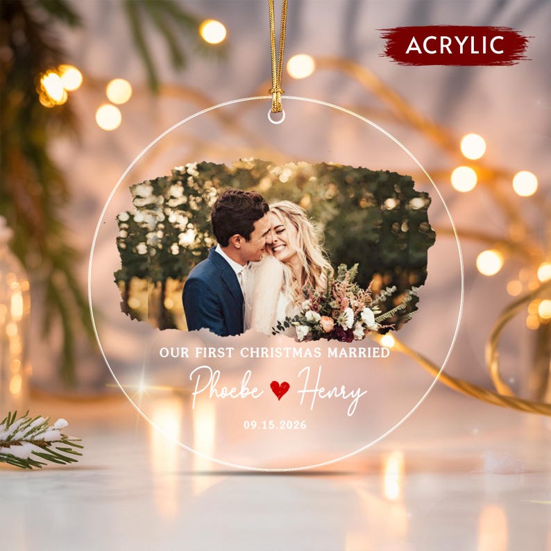 First Christmas Married Wedding Photo Ornament