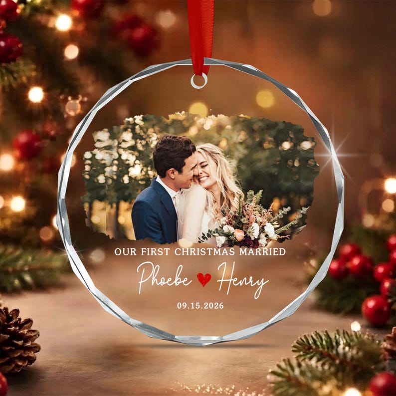 First Christmas Married Wedding Photo Ornament