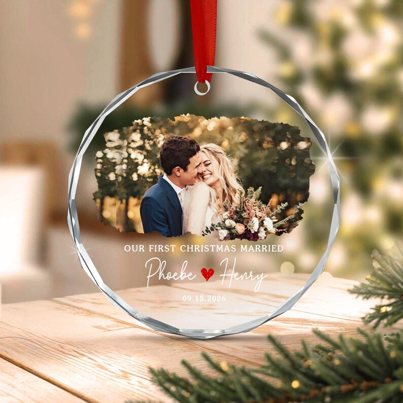 First Christmas Married Wedding Photo Ornament