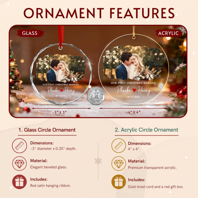 First Christmas Married Wedding Photo Ornament