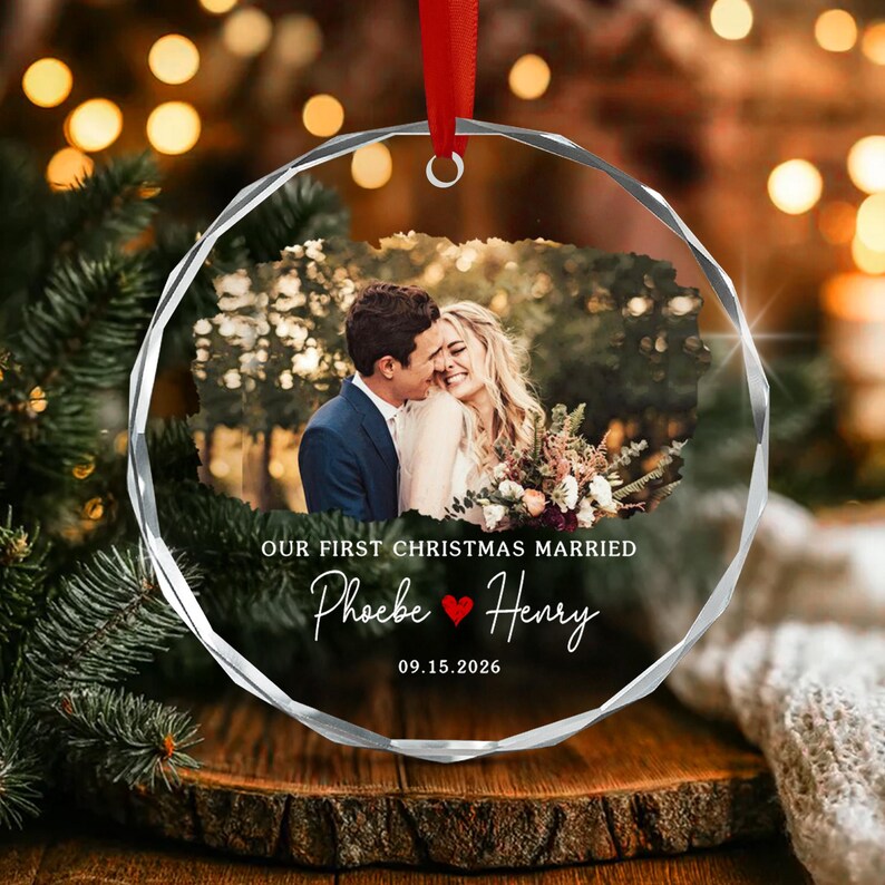 First Christmas Married Wedding Photo Ornament