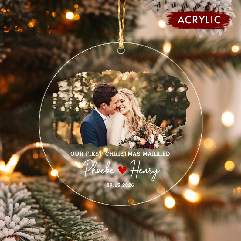 First Christmas Married Wedding Photo Ornament