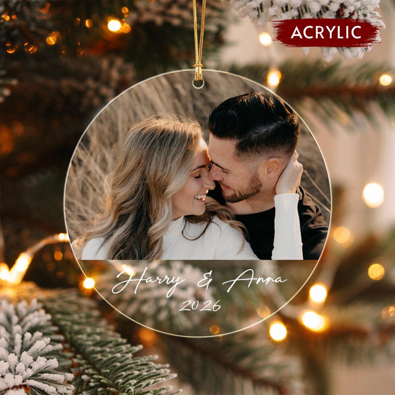 Couple Picture & Name Glass Ornament