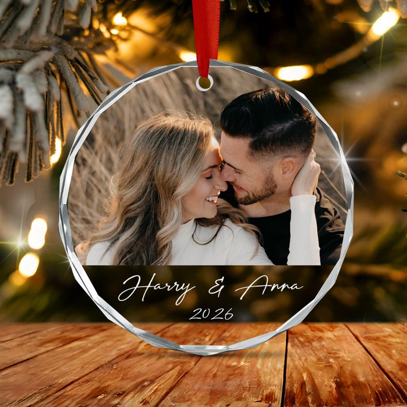Couple Picture & Name Glass Ornament