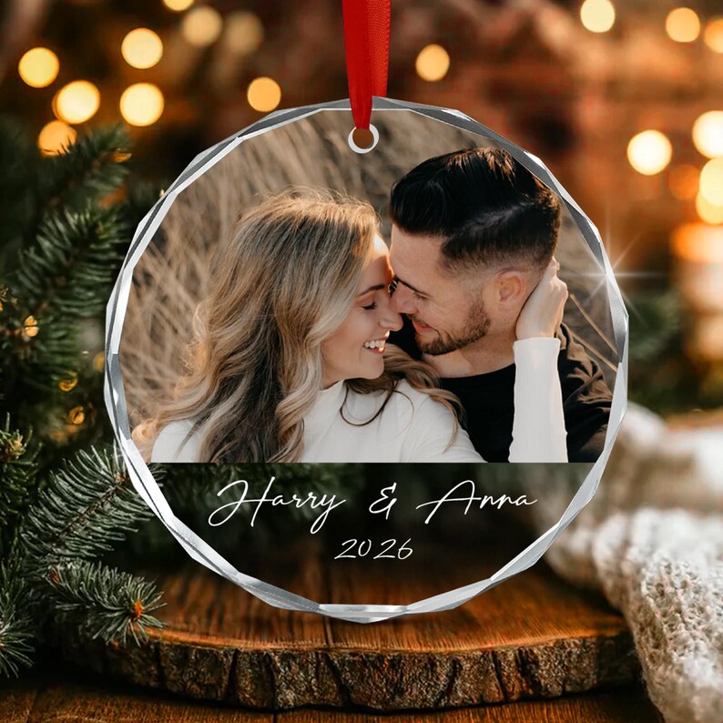 Couple Picture & Name Glass Ornament