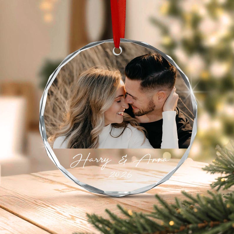 Couple Picture & Name Glass Ornament