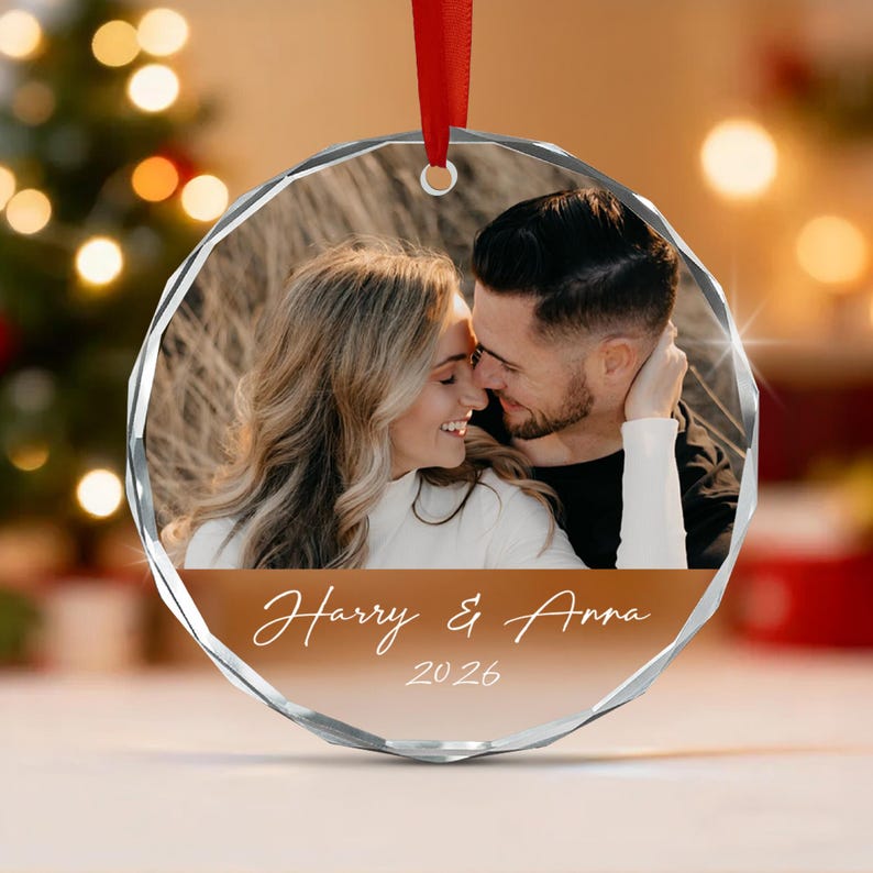 Couple Picture & Name Glass Ornament