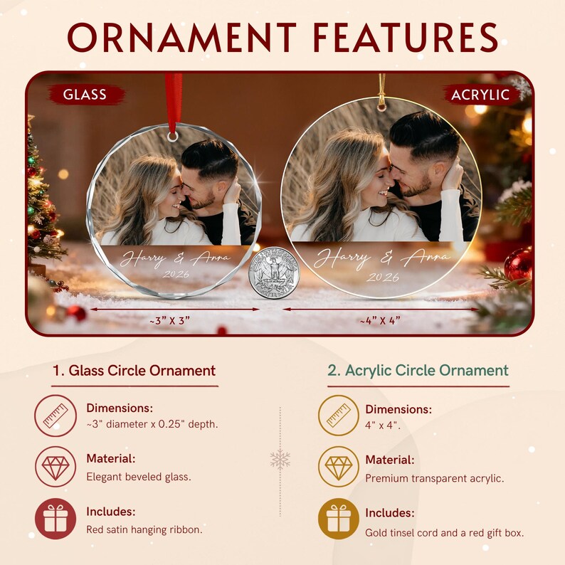 Two circular ornaments featuring a couple's photo with the text Harry & Anna 2026.