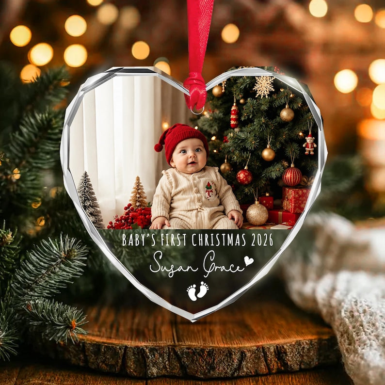 Baby Photo Heart Glass Ornament 2026