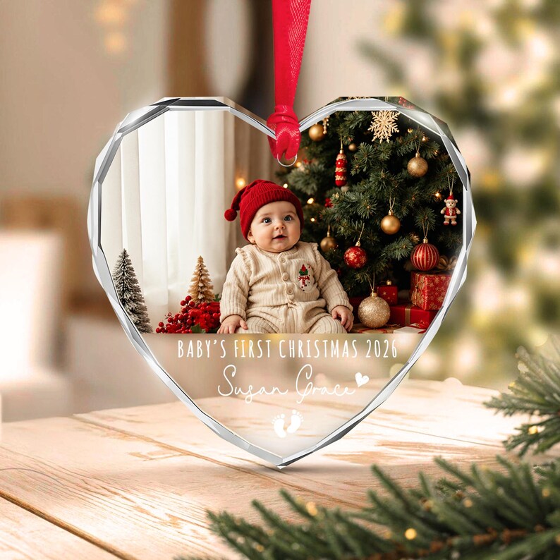 Baby Photo Heart Glass Ornament 2026