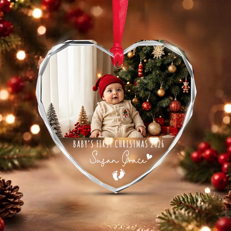 Baby Photo Heart Glass Ornament 2026