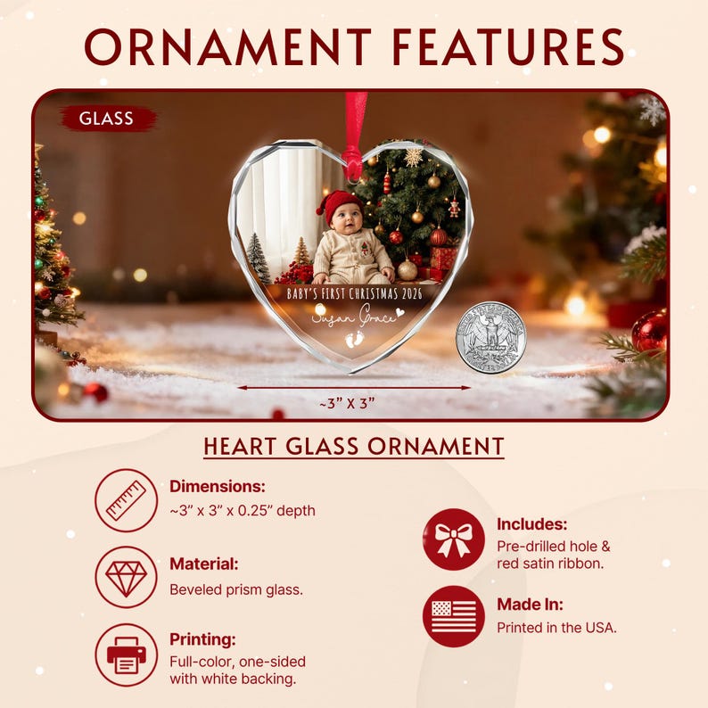 A heart-shaped beveled prism glass ornament featuring a photo of a baby in a red hat, with the text 'BABY'S FIRST CHRISTMAS 2026' and 'Susan Grace' printed below.