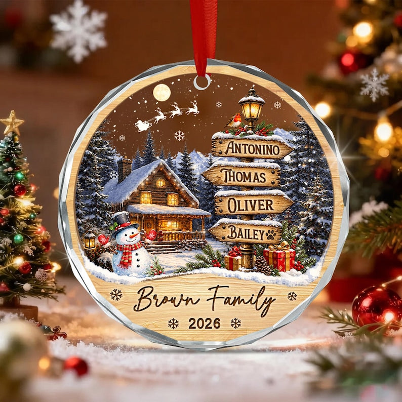 Family & Pet Name Signpost Glass Ornament