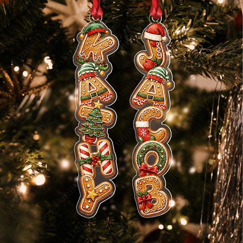 Two vertical Christmas ornaments shaped like gingerbread cookies spelling the names KATHY and JACOB.