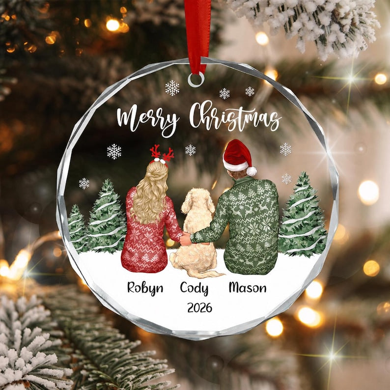 Couple & Dog Name Crystal Glass Ornament