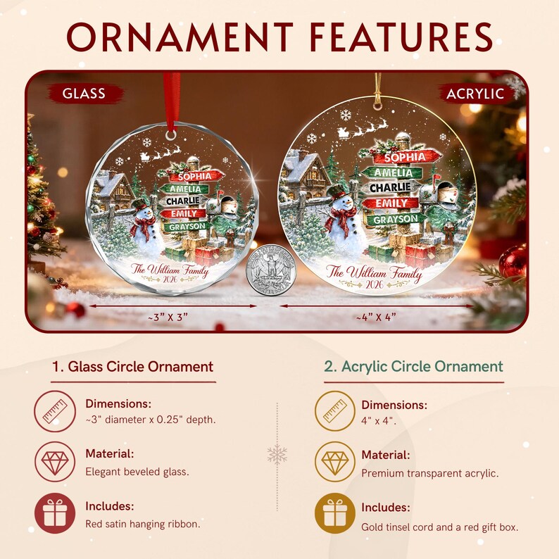 Two circular Christmas ornaments, one glass and one acrylic, featuring a winter scene with a snowman, a signpost with names Sophia, Amelia, Charlie, Emily, and Grayson, and the text The William Family 2026.