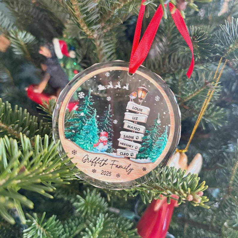 A round, clear acrylic Christmas ornament featuring a printed winter scene with green pine trees, a snowman, a street lamp, and a signpost with the names Louie, Liz, Mateo, Sadie, Hershey, and Cleo.