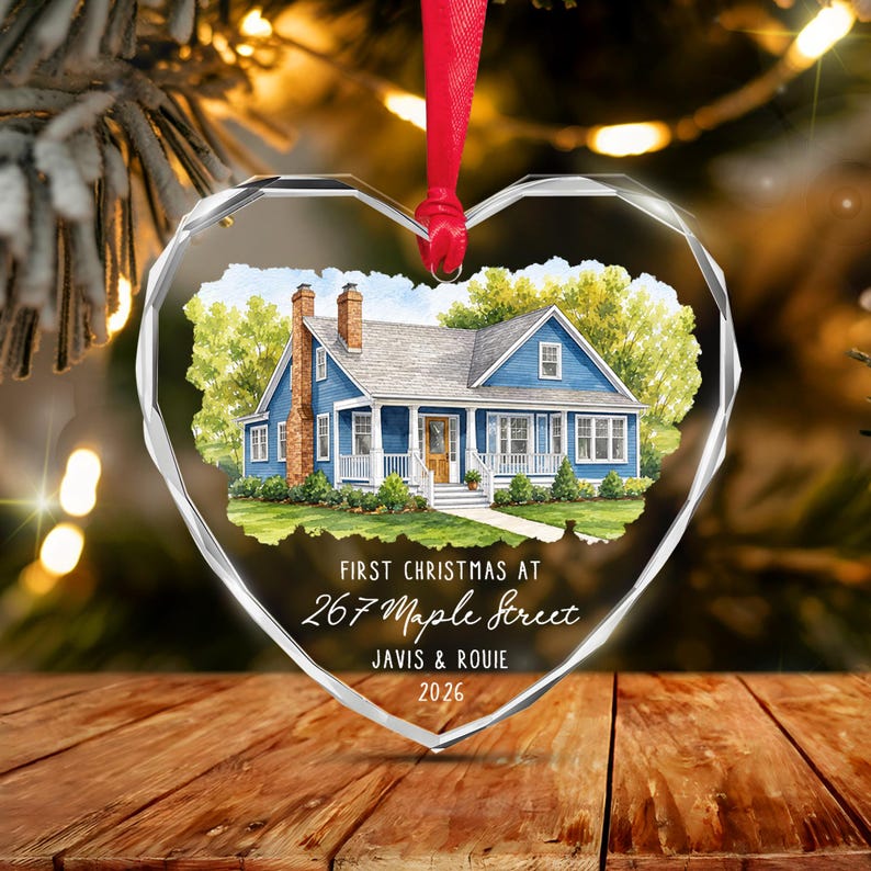Watercolor Home Photo Heart Glass Ornament