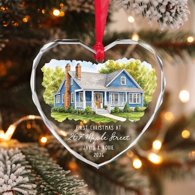 Watercolor Home Photo Heart Glass Ornament