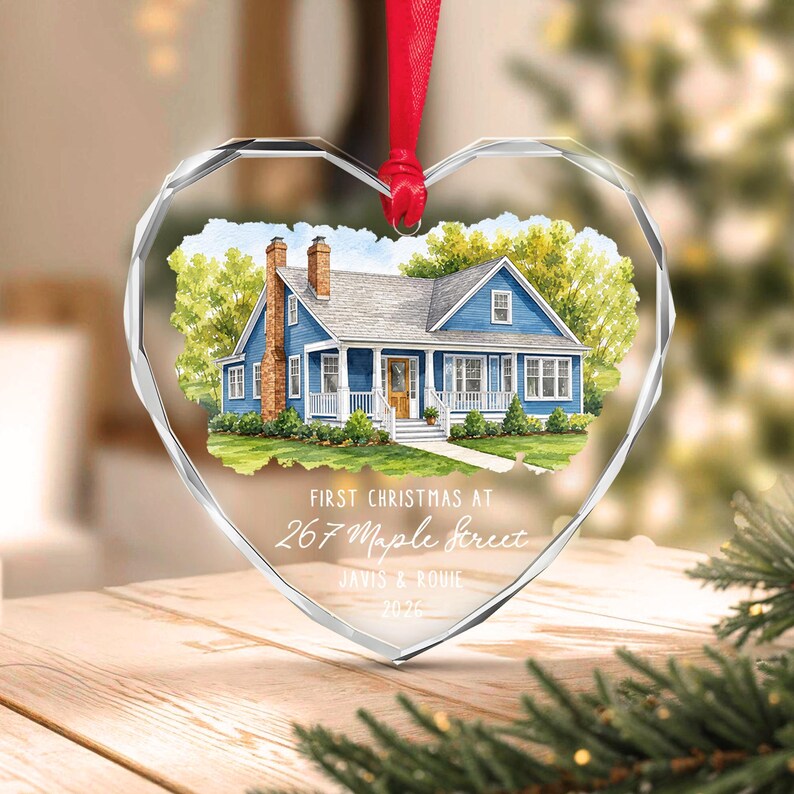Watercolor Home Photo Heart Glass Ornament