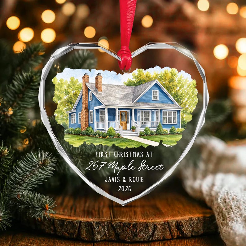 Watercolor Home Photo Heart Glass Ornament