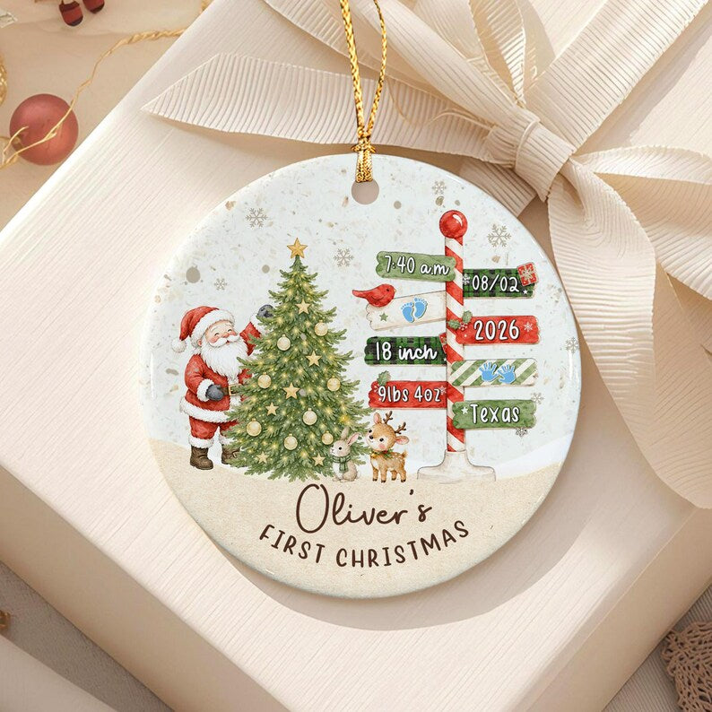 Baby Birth Stats Santa Signpost Ornament