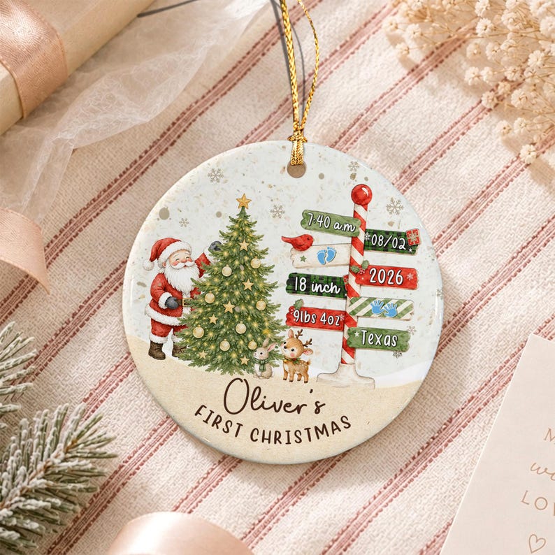Baby Birth Stats Santa Signpost Ornament