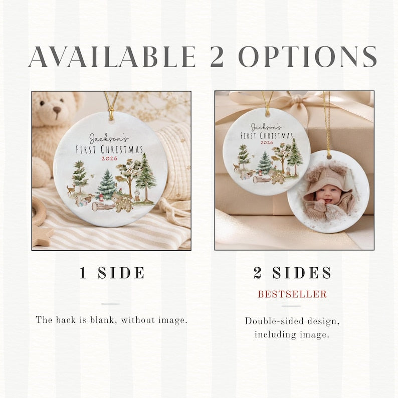 Two round white ceramic ornaments with gold hanging strings. One option shows a woodland animal illustration with the text Jackson's First Christmas 2026.