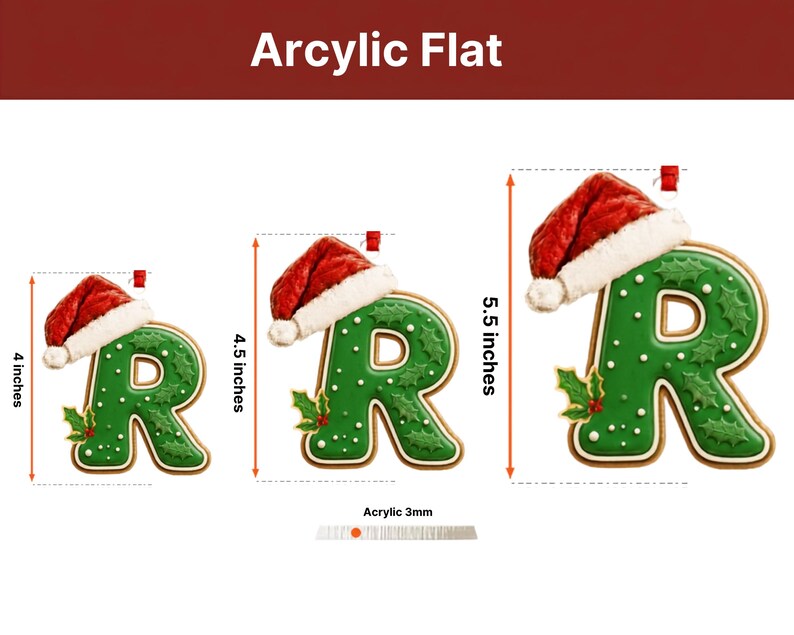 Three acrylic flat letter R ornaments with green icing, white dots, and holly leaves, each wearing a red Santa hat. The ornaments measure 4 inches, 4.5 inches, and 5.5 inches in height, with a material thickness of 3mm as labeled.