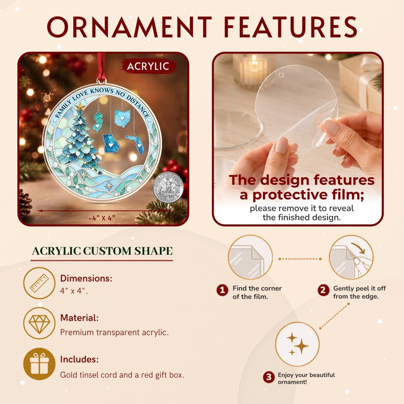 A circular acrylic ornament measuring 4 inches by 4 inches, featuring a blue Christmas tree, state outlines, and the text 'FAMILY LOVE KNOWS NO DISTANCE'.