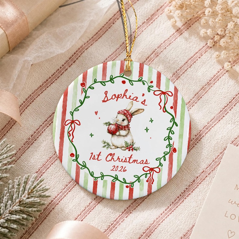 Baby Striped Bunny Christmas Ornament