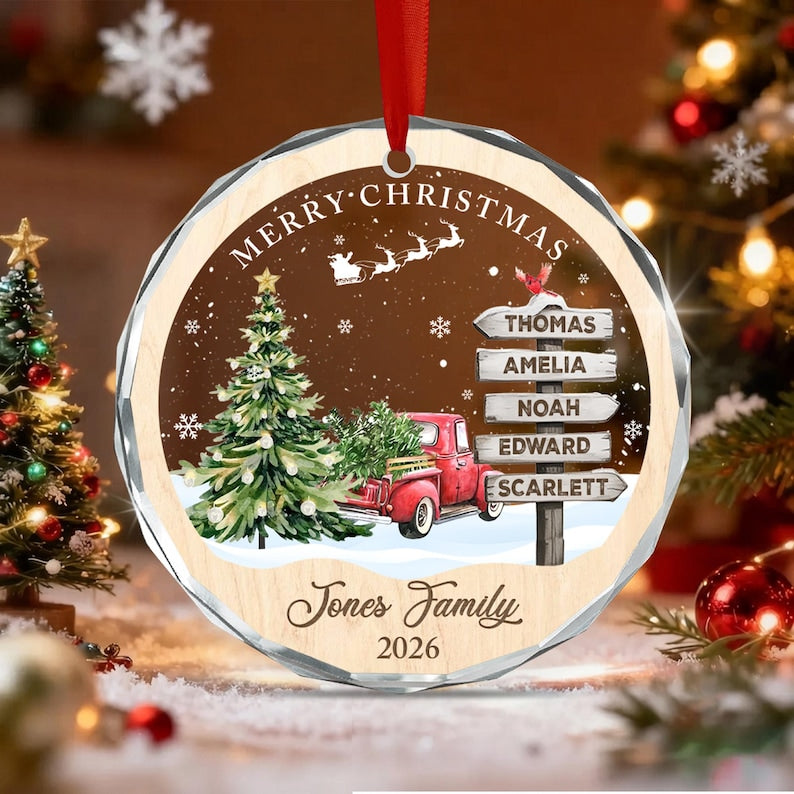 Winter Red Truck Family Name Ornament