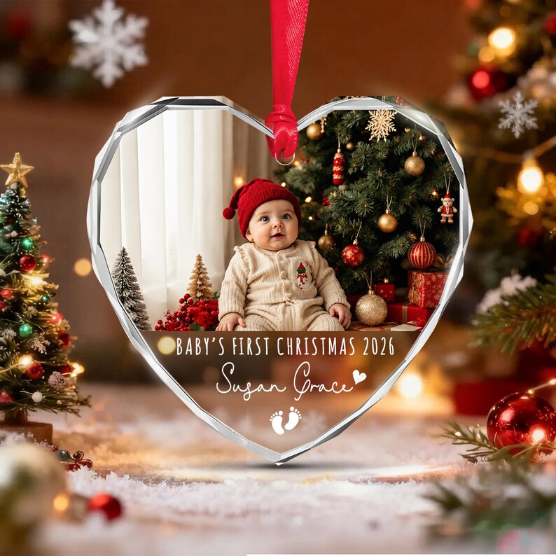 Baby Photo Heart Glass Ornament 2026