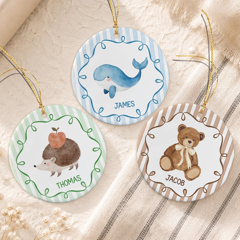 Watercolor Animal Baby Name Ceramic Ornament