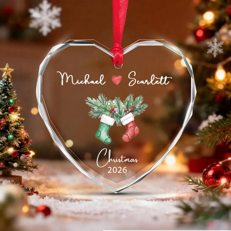 Couple Stocking Heart Glass Name Ornament