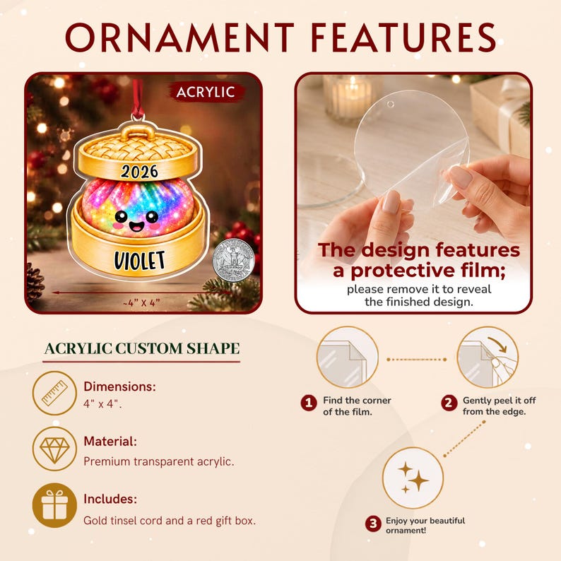 A clear acrylic ornament shaped like a bamboo steamer basket containing a colorful, smiling dumpling. The text 2026 and VIOLET are printed on the front.