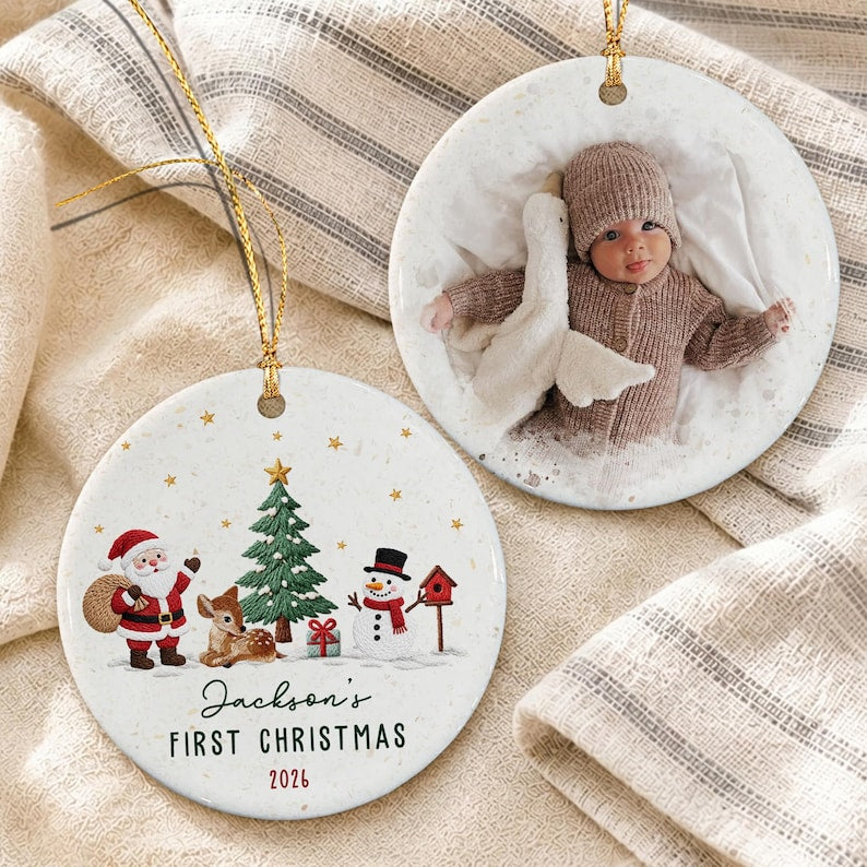 Baby Name Photo Santa Reindeer Ornament
