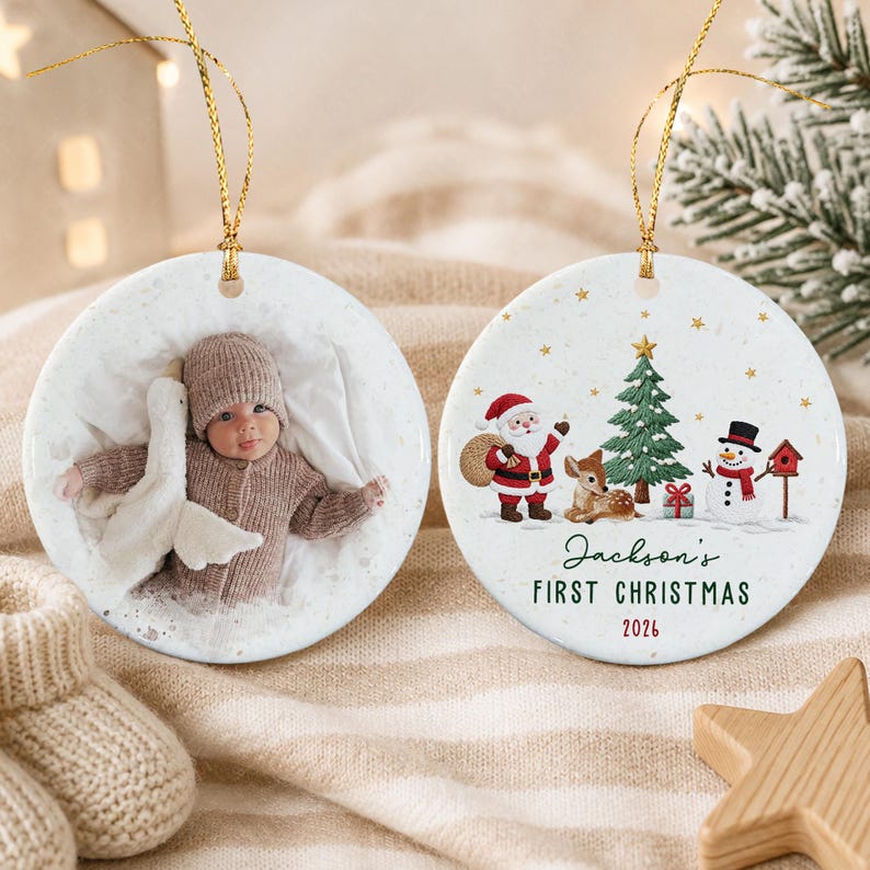 Baby Name Photo Santa Reindeer Ornament