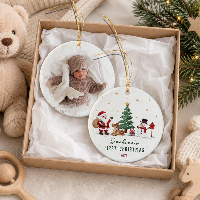 Baby Name Photo Santa Reindeer Ornament