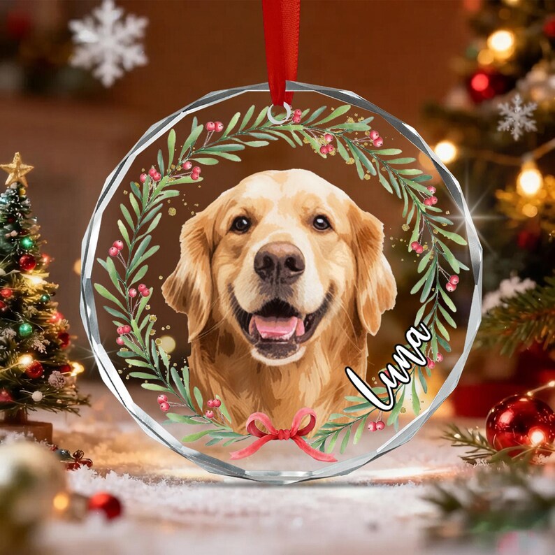 Dog Photo Christmas Wreath Name Ornament