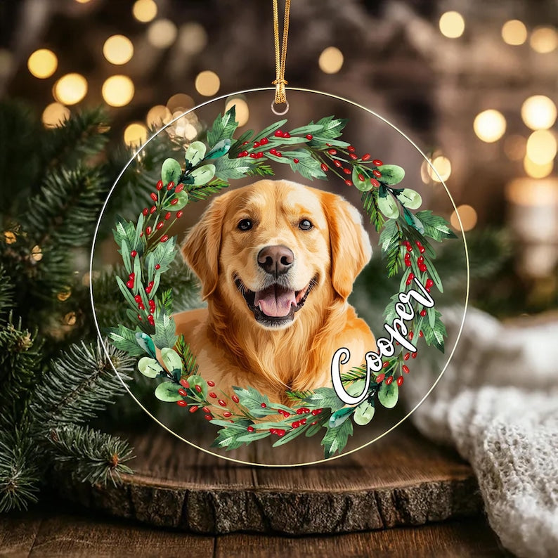 Dog Photo Pine Wreath Acrylic Ornament