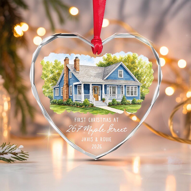Watercolor Home Photo Heart Glass Ornament