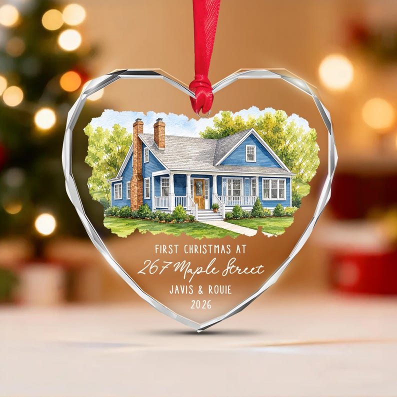 Watercolor Home Photo Heart Glass Ornament